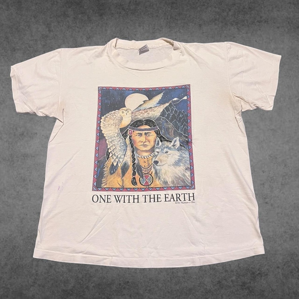 Vintage 1992 Human-i-Tees One With The Earth Native American Wolf Owl Shirt XL